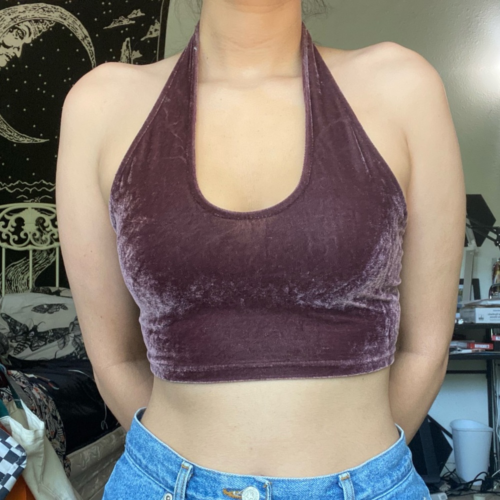Urban Outfitters Velvet Halter Crop Top - Burgundy